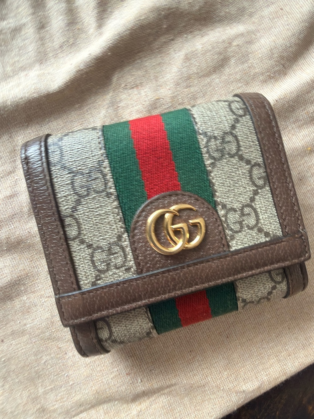 Gucci Brown GG Canvas Wallet with Green and Red Web and Gold GG